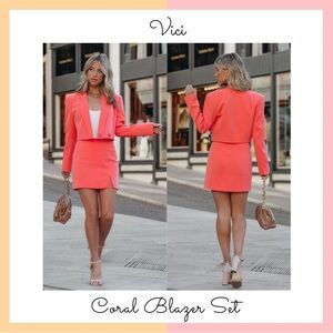 Vici Coral Cropped Blazer & Mini Skirt Set